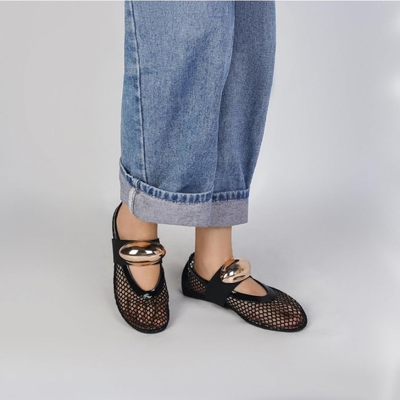 New Fishnet Mesh Ballet Flats Gold Metallic Buckle NWT Black Slip On Square Toe - Picture 6 of 9